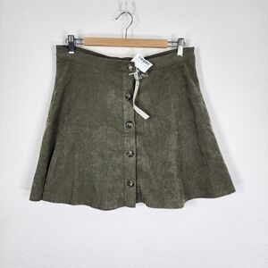 NWT olive green cotton corduroy button-front mini skirt skater flare casual Sz L